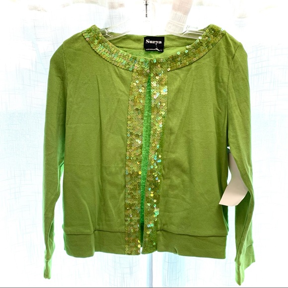 Surya sequined detail apple green ribbed 100% soft cotton bolero cardigan. Med. - Picture 12 of 12